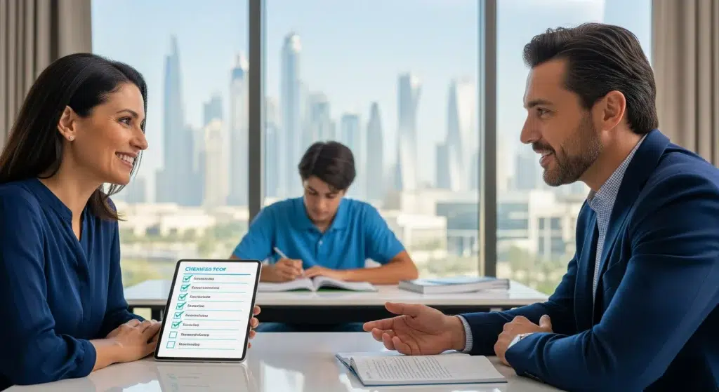 A parent in Dubai confidently reviews a checklist on a tablet while interviewing a professional male chemistry tutor, with her son studying successfully in the background.