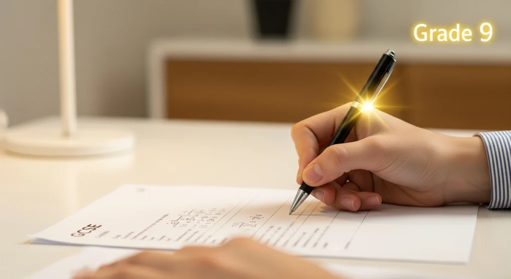 A student's hand confidently solving a complex problem on a GCSE Maths paper, with a glowing 'Grade 9' symbol in the corner representing a top achievement in Dubai.