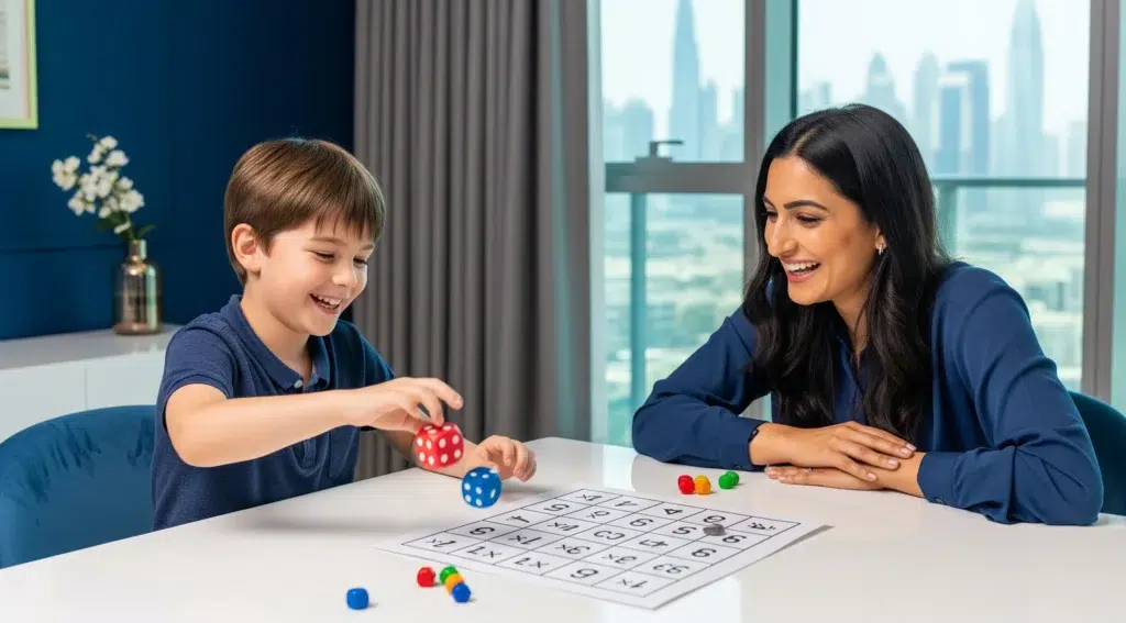 A mother and her son in Dubai laughing while playing a fun multiplication dice game to help him learn his times tables.