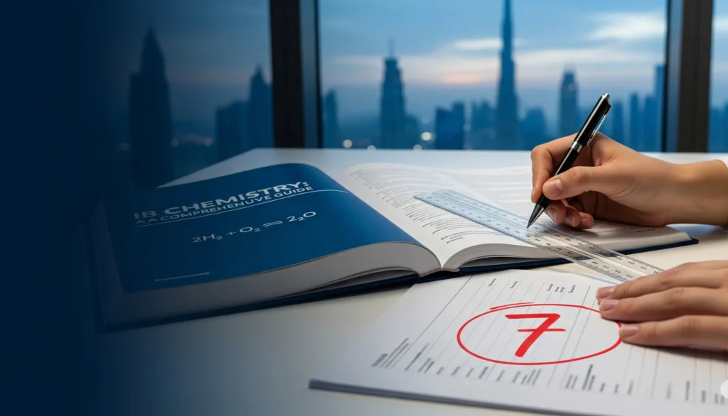 A student's desk with a textbook open to IB Chemistry, as they underline an equation, with a practice test showing a top score of '7' next to it, symbolizing success.