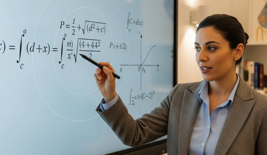 A female IB (International Baccalaureate) Math tutor in Dubai points to a complex calculus formula and a graph on a digital whiteboard during a lesson.