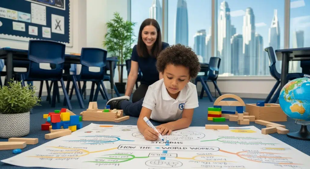 A young student in a Dubai classroom engaged in inquiry-based learning, creating a mind map for his IB Primary Years Programme (PYP) project while a teacher supports him.
