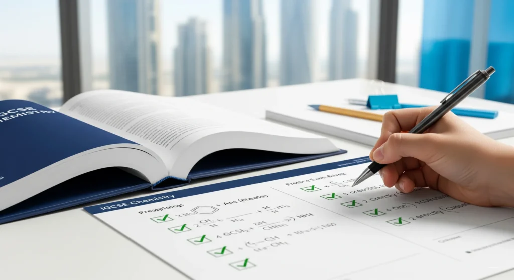A student's desk showing them successfully answering questions on an IGCSE Chemistry practice exam, with a textbook and a modern Dubai background.