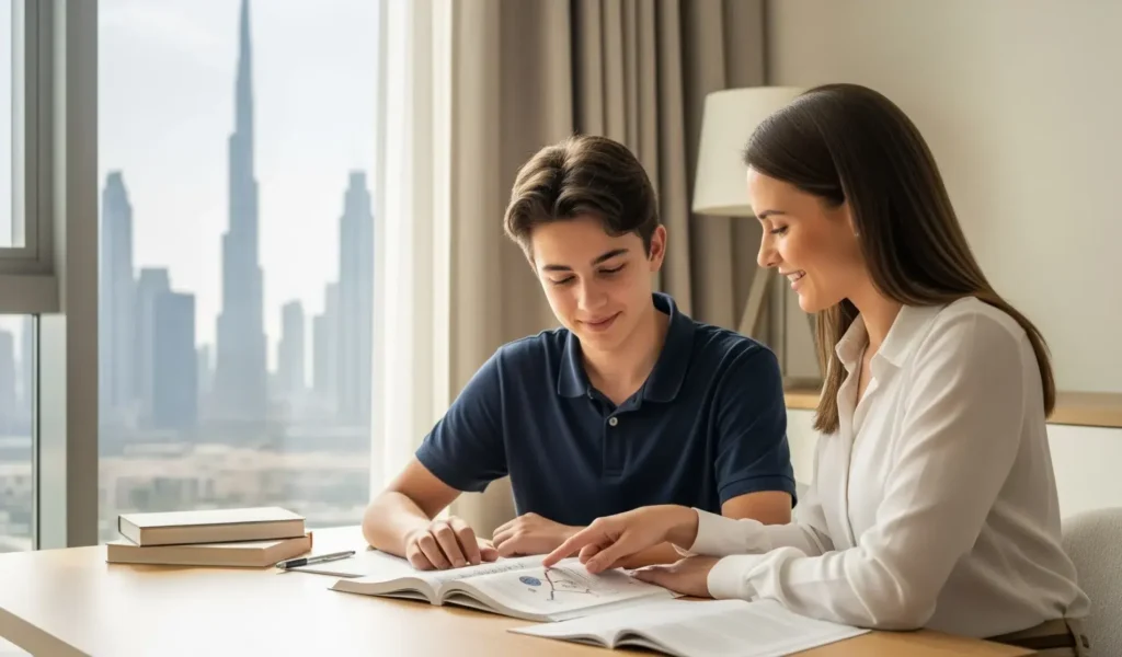 A professional tutor providing personalized, one-on-one instruction to a student in a comfortable and familiar Dubai home environment.