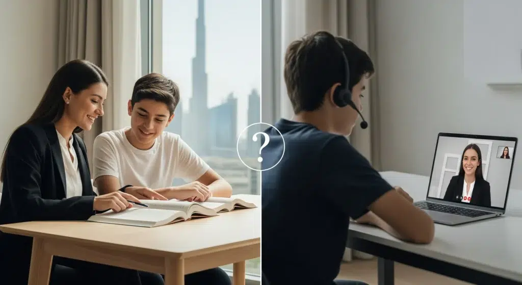 A split image contrasting in-home tutoring, with a tutor and student studying together in a Dubai home, versus online tutoring, showing a student engaged in a video lesson with a tutor on a laptop.