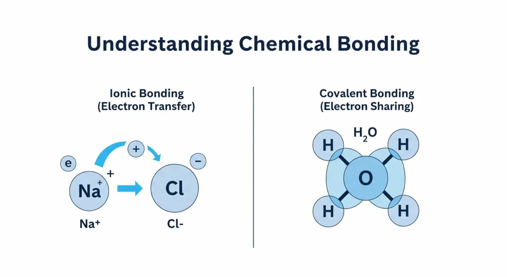 A clear diagram comparing ionic bonding, showing an electron transferring from a Sodium to a Chlorine atom, versus covalent bonding, showing electrons shared in a water molecule.