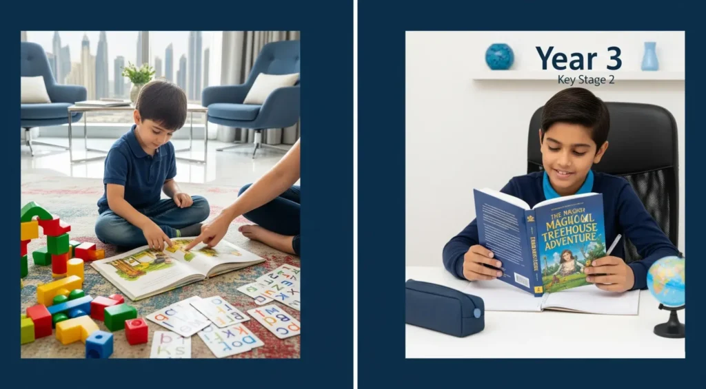 A split-screen image showing a child's progression from guided, play-based learning in Key Stage 1 to independent, book-based work in Key Stage 2 in Dubai.