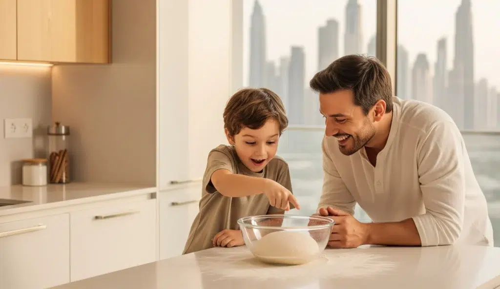 A father and son in Dubai look on with amazement as they watch bread dough rise in a glass bowl, illustrating a fun kitchen science experiment.