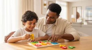 A father and son in Dubai work together on a colorful wooden fractions puzzle, illustrating a hands-on approach to learning KS2 maths concepts.