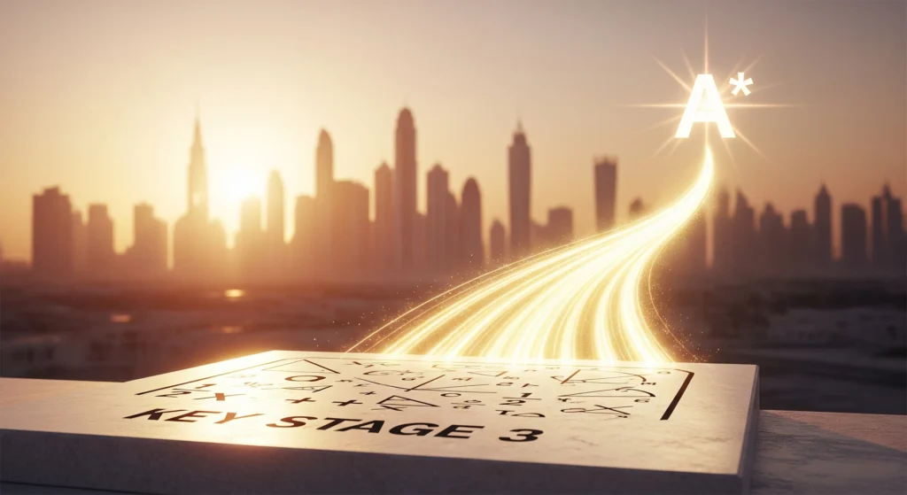 A conceptual image showing a KS3 math 'launchpad' in Dubai, with a glowing path of light leading to a bright A* grade, symbolizing the foundation for GCSE success.