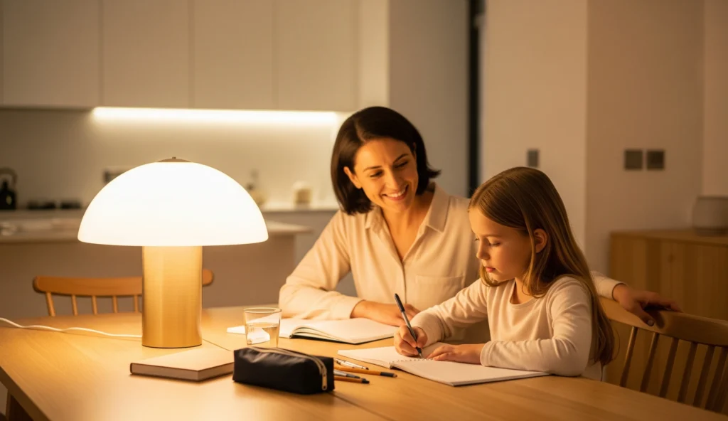 A mother in Dubai smiles proudly as her child sits at a table and calmly completes her homework, illustrating a peaceful and successful routine.