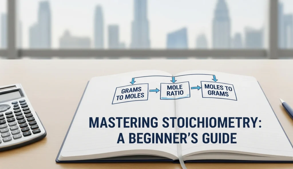 A clear infographic showing the three-step process for stoichiometry calculations, designed to help chemistry students in Dubai.