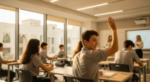 A confident student raises his hand to answer a question in a modern, high-achieving classroom in Dubai.