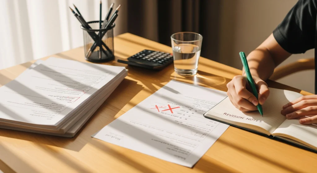A student using a green pen to correct a mistake on a math past paper and write notes in a revision notebook, showing an effective exam revision strategy.