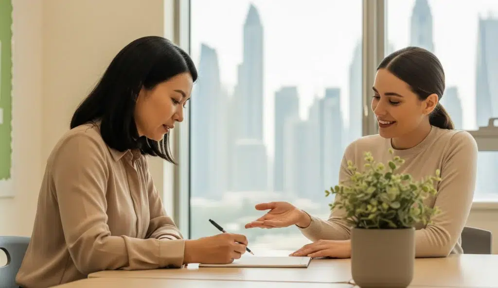 A parent and a female teacher in a modern Dubai classroom having a positive, collaborative conversation during a parent-teacher meeting.