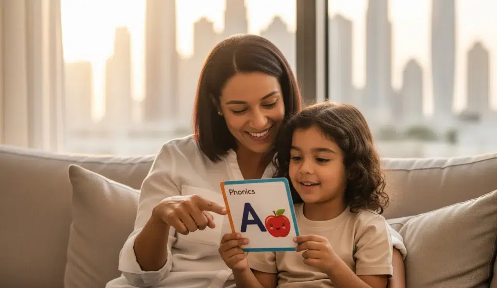 A mother in Dubai happily teaches her young daughter phonics using a colorful flashcard, illustrating a parent's guide to supporting early reading at home.