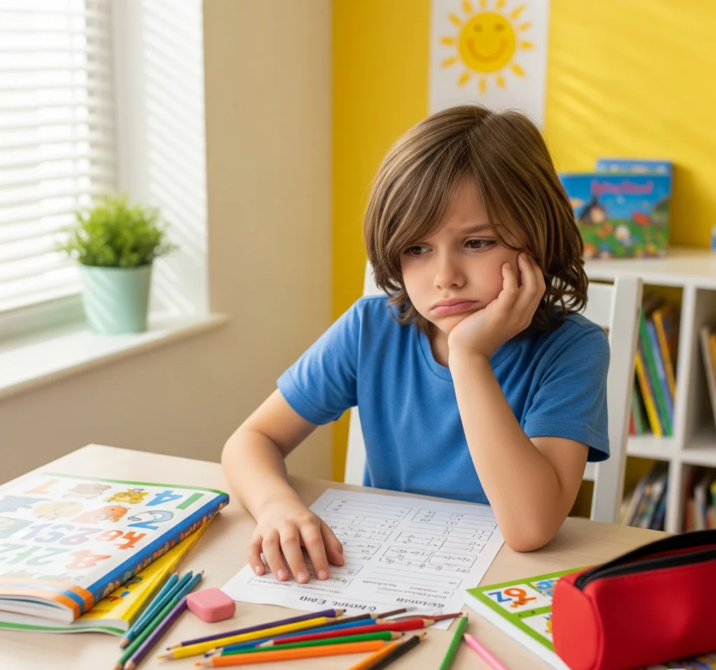 A young primary school child in Dubai looks sad and overwhelmed by his schoolwork, showing the need for a helping hand from a specialist tutor.