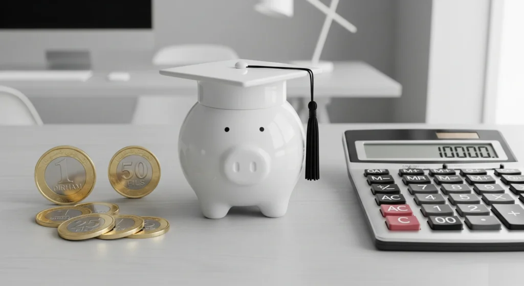 A piggy bank shaped like a graduation cap sits with a calculator and UAE Dirham coins, illustrating the cost and investment of private tutoring in Dubai.