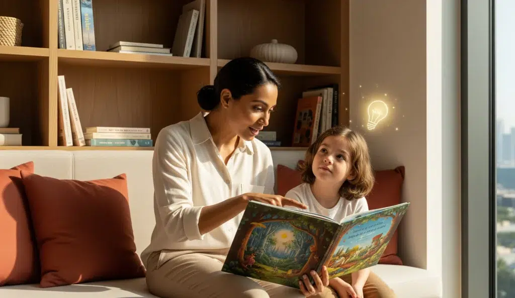 A mother in Dubai fosters reading comprehension skills in her young daughter, who has a glowing lightbulb icon above her head symbolizing a moment of understanding.