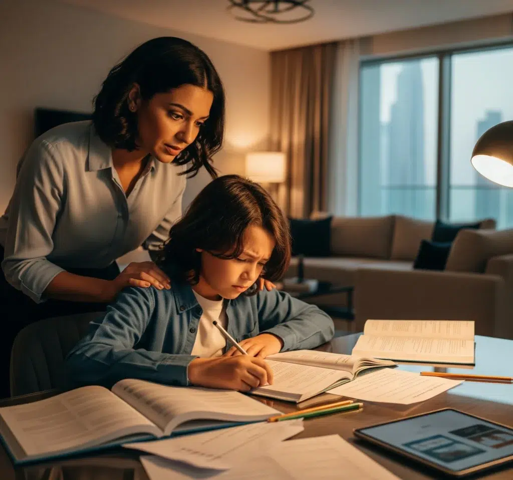 A concerned mother in a Dubai apartment supports her son who looks frustrated with his homework, a key sign a private tutor may be needed.