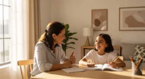 A friendly tutor in Dubai gives an encouraging thumbs-up to a young student who is smiling, having successfully overcome her math anxiety.