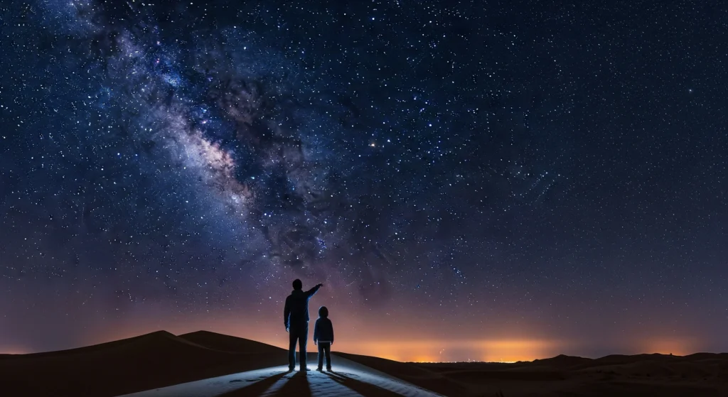 A father and son stand on a sand dune in the Dubai desert, looking up in wonder at the Milky Way in a clear night sky.