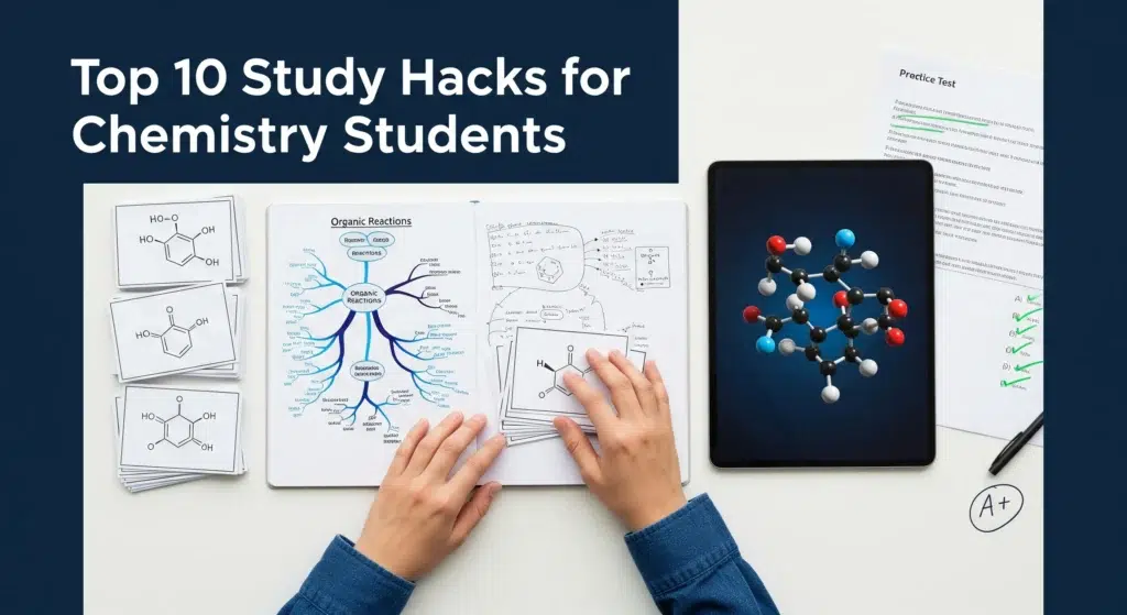A top-down view of a student's desk in Dubai, showcasing effective chemistry study hacks like a mind map, flashcards, a 3D molecule simulation on a tablet, and a practice test with an A+ grade.