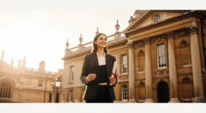 A happy female student from Dubai holding her graduation cap and certificate, celebrating her successful admission to a top Russell Group university in the UK.