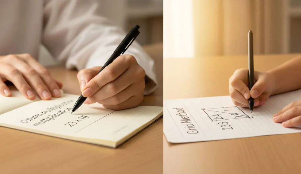 A parent and child in Dubai work together to understand a modern maths method, with the child's hand confidently drawing a Grid Method diagram.