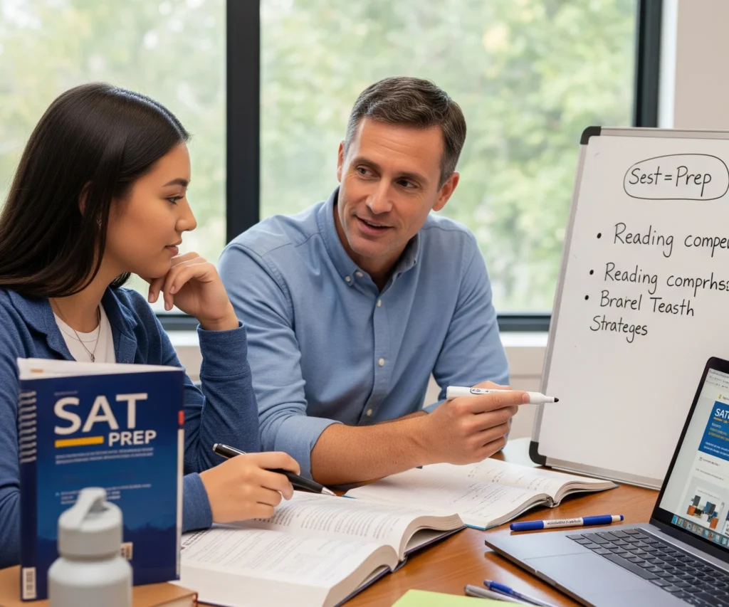 A student and a tutor work together on SAT and exam prep, symbolizing the unlocking of academic potential.