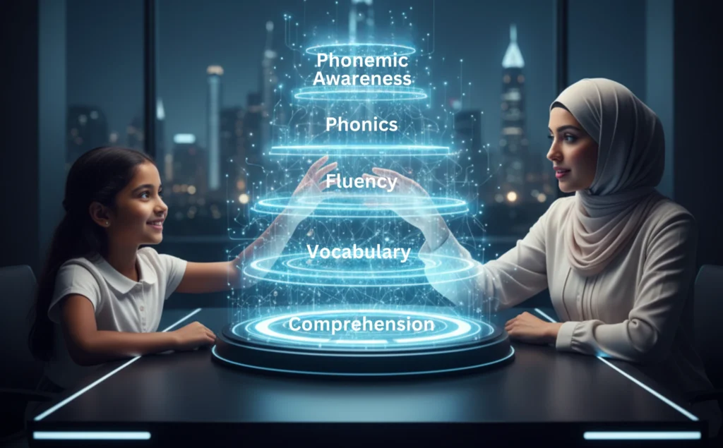 An expert tutor in a hijab guides a young student as they interact with a glowing, five-tiered holographic structure representing the 5 Pillars of Reading: Phonemic Awareness, Phonics, Fluency, Vocabulary, and Comprehension.