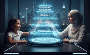 An expert tutor in a hijab guides a young student as they interact with a glowing, five-tiered holographic structure representing the 5 Pillars of Reading: Phonemic Awareness, Phonics, Fluency, Vocabulary, and Comprehension.