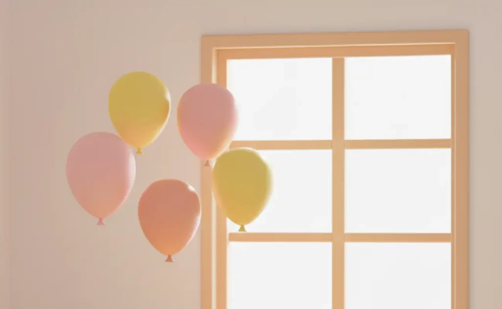 Colorful balloons floating near a window