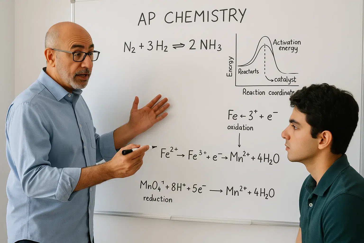 An experienced AP chemistry tutor in Dubai clarifies intricate chemisrty processes on a whiteboard for a focused student