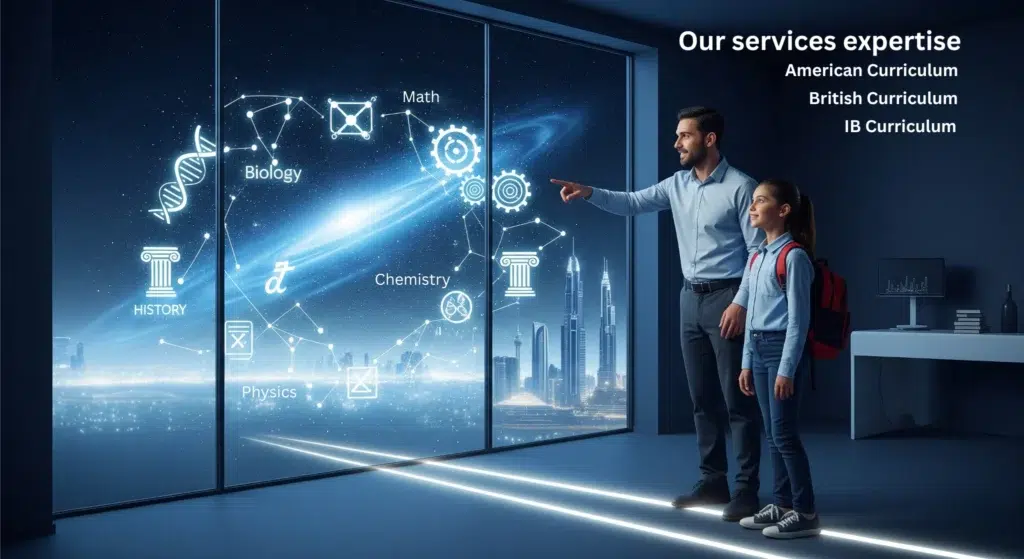 An expert tutor and a young student look out at a holographic 'universe of knowledge' displaying icons for subjects like Math, Biology, and History. The tutor points, guiding the student through the possibilities. Text on the image highlights GetYourTutors' expertise in the American, British, and IB curricula.