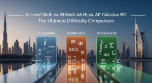 A hero image comparing A-Level Math, IB Math AA HL, and AP Calculus BC, with three pathways featuring mathematical symbols for each curriculum set against a stylized Dubai skyline.