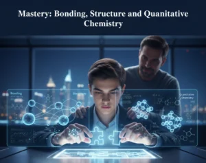 A conceptual hero image showing an expert tutor guiding a student to mastery. The student is placing the final piece in a glowing holographic puzzle that represents the interconnected concepts of chemical bonding, structure, and quantitative chemistry, capturing a powerful moment of discovery.