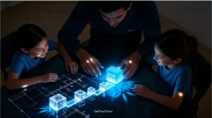 A male tutor and two young female students are gathered around a glowing, interactive holographic display of a complex architectural blueprint. The tutor and students are actively engaged, their hands hovering over a series of connected, luminous blue blocks and a larger central block labeled "IGCSE Mastery." This visually represents a structured roadmap or pathway to understanding, making complex learning concepts accessible and achievable, with the GetYourTutors logo subtly integrated in the scene. The image evokes a focused and collaborative learning environment.