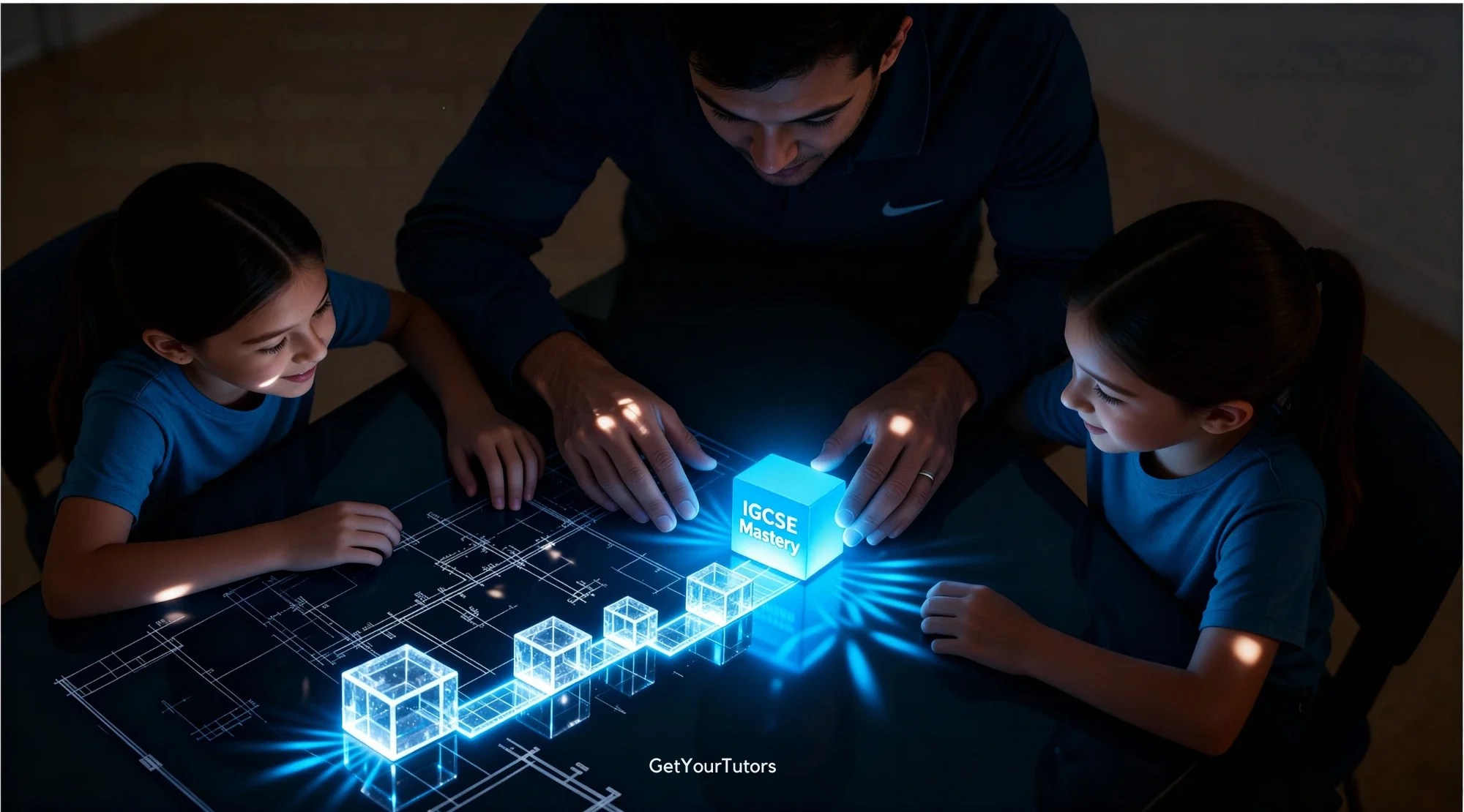A male tutor and two young female students are gathered around a glowing, interactive holographic display of a complex architectural blueprint. The tutor and students are actively engaged, their hands hovering over a series of connected, luminous blue blocks and a larger central block labeled "IGCSE Mastery." This visually represents a structured roadmap or pathway to understanding, making complex learning concepts accessible and achievable, with the GetYourTutors logo subtly integrated in the scene. The image evokes a focused and collaborative learning environment.