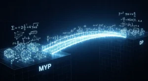 A cinematic hero image of a glowing, holographic bridge made of mathematical equations, connecting a lower platform labeled 'MYP' to a higher platform labeled 'DP'. The bridge symbolizes the successful transition and bridging of the content gap between the two IB math curricula.