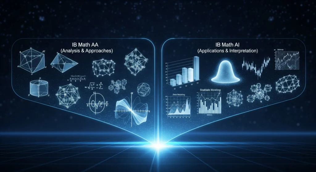 A breathtaking hero image comparing IB Math AA and IB Math AI. On the left, a holographic display shows the world of pure mathematics with elegant calculus curves and geometric proofs under the title "IB Math AA (Analysis & Approaches)." On the right, a display shows the world of applied mathematics with charts, graphs, and statistics under the title "IB Math AI (Applications & Interpretation).