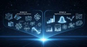 A breathtaking hero image comparing IB Math AA and IB Math AI. On the left, a holographic display shows the world of pure mathematics with elegant calculus curves and geometric proofs under the title "IB Math AA (Analysis & Approaches)." On the right, a display shows the world of applied mathematics with charts, graphs, and statistics under the title "IB Math AI (Applications & Interpretation).