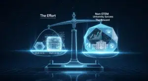 A cinematic hero image of a glowing, holographic weighing scale in perfect balance. On the left, it weighs the "Effort" of Math AI SL and the more complex Math AI HL. On the right, it weighs the "Reward" of non-STEM university success, represented by a glowing orb containing a stock market graph and a university building.