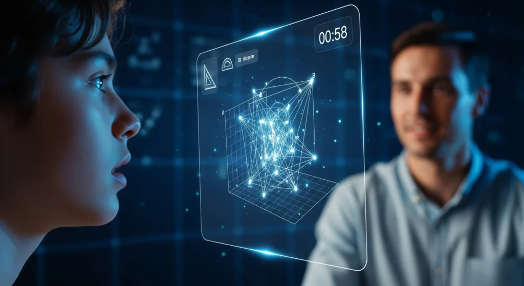 A cinematic hero image of a female student having an 'aha!' moment while looking at a glowing holographic interface representing the IB MYP eAssessment. A male tutor looks on with a reassuring expression, symbolizing expert guidance in a modern, high-tech learning environment.