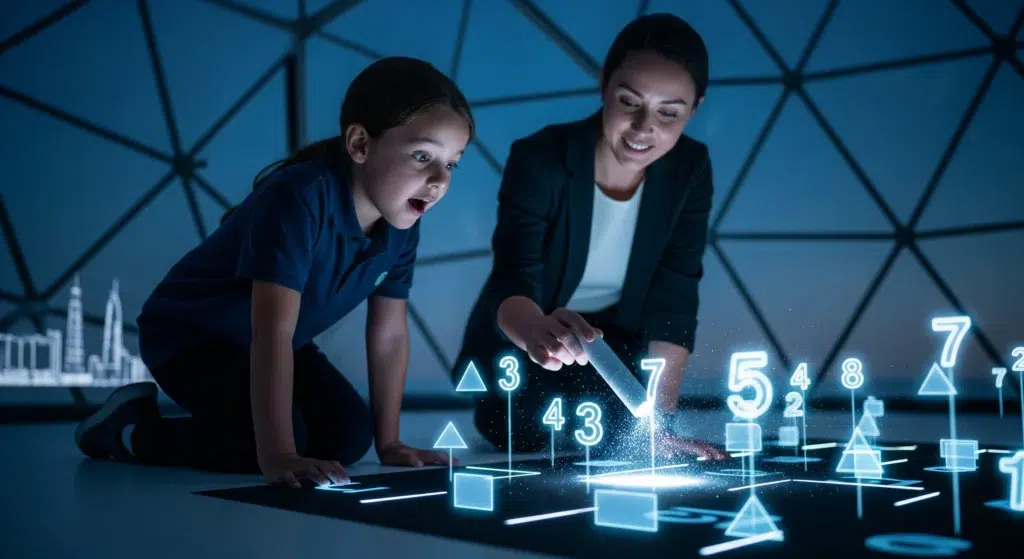 A conceptual hero image showing a female tutor and a young student kneeling in a futuristic biodome. They are interacting with a magical 'garden of numbers' where holographic numbers and shapes glow on the floor, symbolizing a joyful and engaging approach to IB PYP Math.