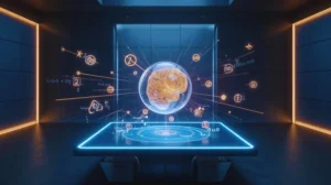 A glowing, futuristic holographic display in a dark, high-tech room. A luminous human brain is encased in a clear sphere at the center, surrounded by radiating golden-orange light beams and abstract scientific symbols (formulas, diagrams, icons) suggesting active thought and understanding. A sleek, blue-lit table supports the projection, with vertical orange light strips illuminating the dark background. This image visually represents the concept of deep learning and mastering complex subjects beyond memorization.