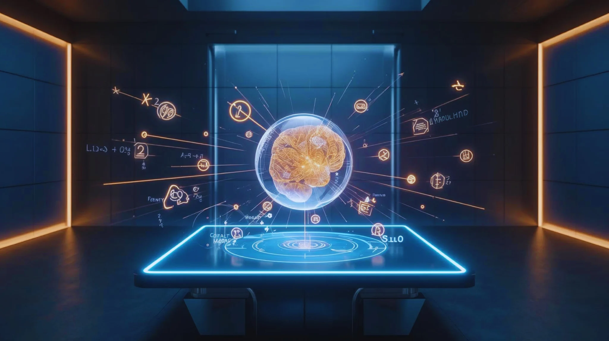 A glowing, futuristic holographic display in a dark, high-tech room. A luminous human brain is encased in a clear sphere at the center, surrounded by radiating golden-orange light beams and abstract scientific symbols (formulas, diagrams, icons) suggesting active thought and understanding. A sleek, blue-lit table supports the projection, with vertical orange light strips illuminating the dark background. This image visually represents the concept of deep learning and mastering complex subjects beyond memorization.