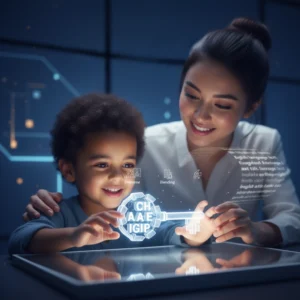 A happy young child and a smiling female tutor interact with a glowing holographic "Language Key" on a futuristic table. The key features luminous letters representing phonemes and graphemes like 'CH', 'AA', 'E', 'IGIP', and 'SSP' (Systematic Synthetic Phonics). The background shows blurry English text being unlocked, with the GetYourTutors logo, the headline "Phonics in Dubai: Unlocking Early Reading Success," subtitle, and call-to-action text clearly visible.
