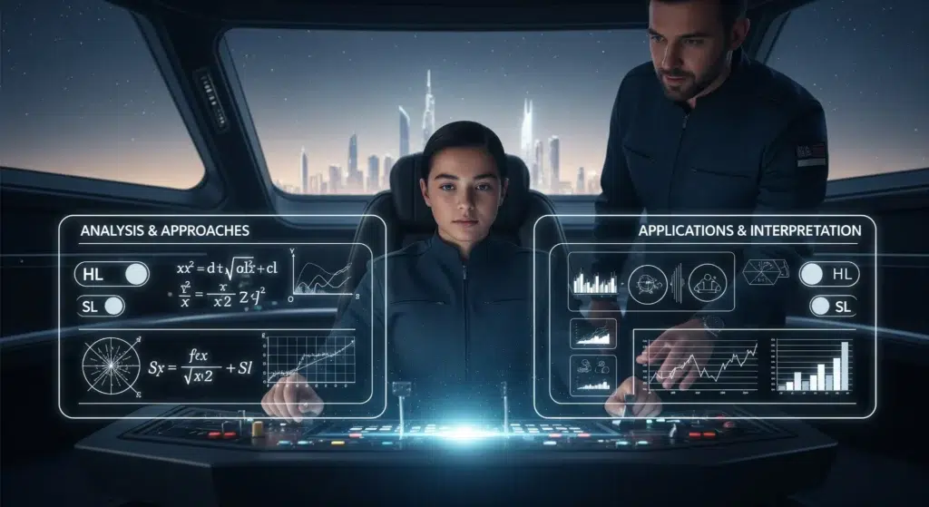 A conceptual hero image showing an expert tutor as a co-pilot, guiding a confident IB Diploma student who is captaining their academic journey from a futuristic cockpit. The console displays the distinct paths of IB Math AA and AI, symbolizing specialized support.