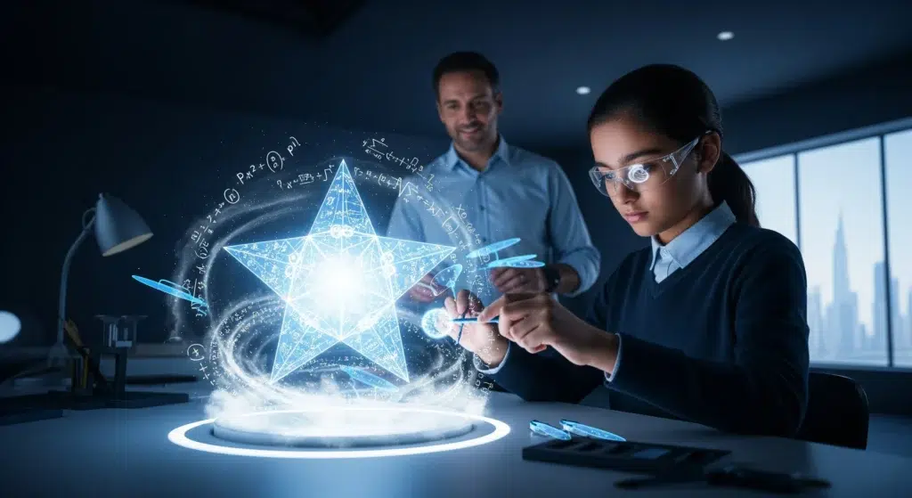 A conceptual hero image showing an expert tutor mentoring a student in a futuristic workshop. Together, they are crafting a glowing star from mathematical symbols, representing the challenging but rewarding process of writing an 'A' grade IB Math Extended Essay.